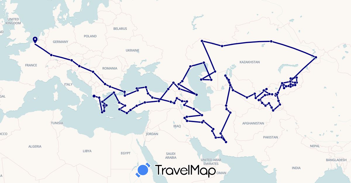 TravelMap itinerary: driving in Albania, Austria, Azerbaijan, Bulgaria, France, Georgia, Greece, Iran, Kyrgyzstan, Kazakhstan, Serbia, Russia, Slovenia, Tajikistan, Turkmenistan, Turkey, Uzbekistan (Asia, Europe)